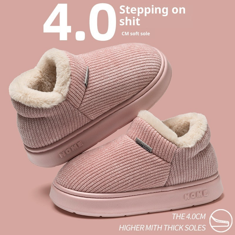 Ankle wrap cotton slippers in blush pink knit with plush cream trim and thick sole