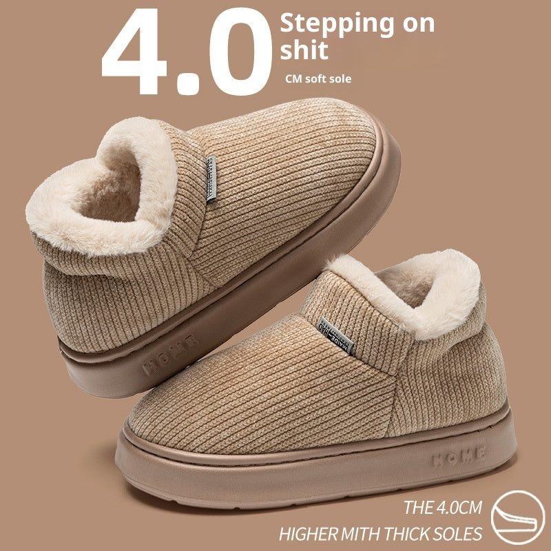 Ankle wrap cotton slippers in tan knit with plush cream collar and rounded thick sole