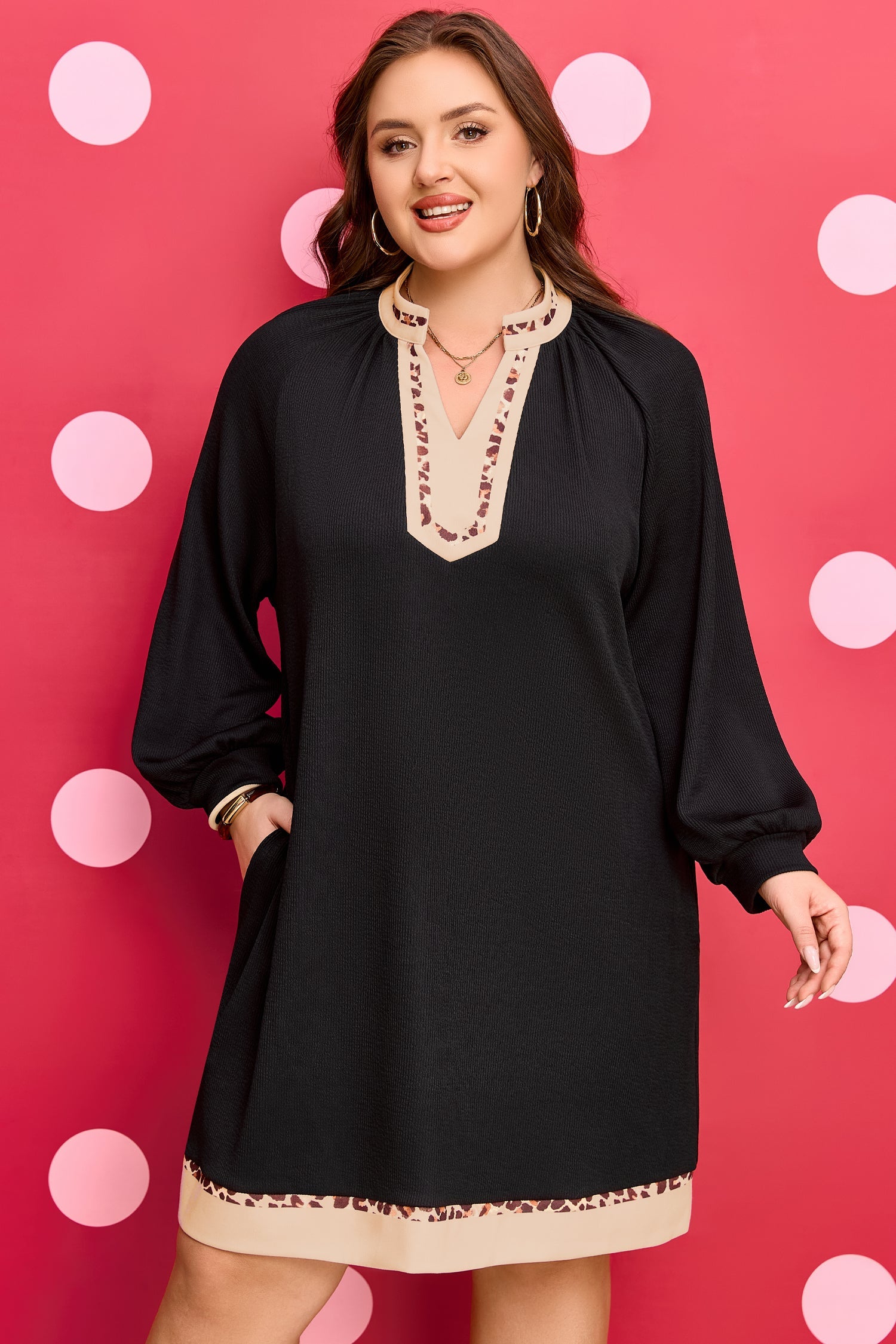 Black PLUS block-trim dress with V-neck embroidery and cream contrast hem border