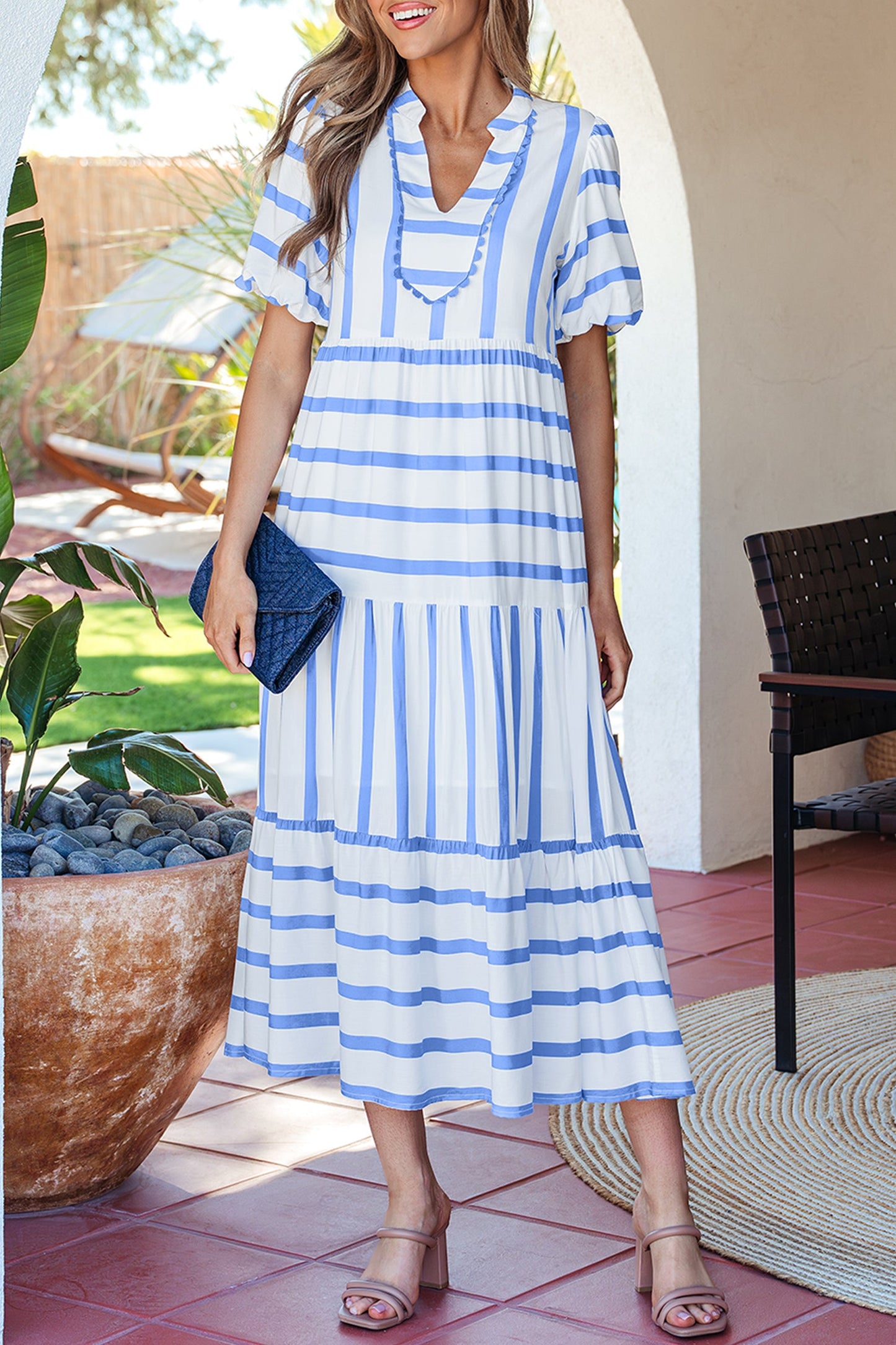 Sky blue striped tiered half-sleeve midi dress with V-neck and ruffled trim neckline