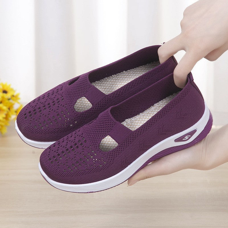 Women’s breathable mesh slip-on shoes, dark purple with white sole and side logo patch