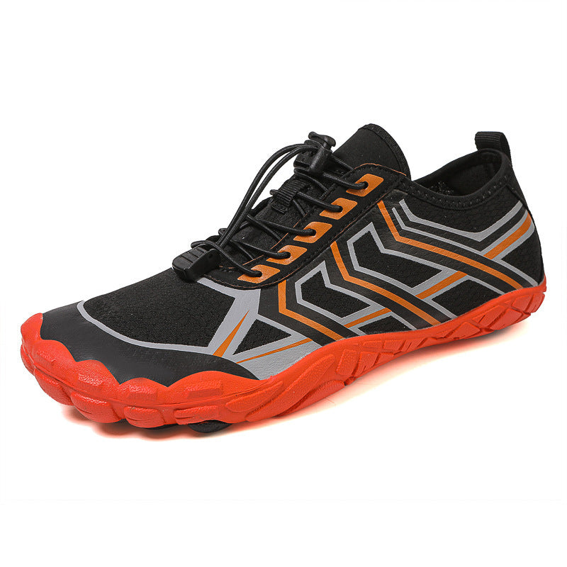 Men and women travel leisure shoes, black upper with orange sole and orange-trim zigzag design