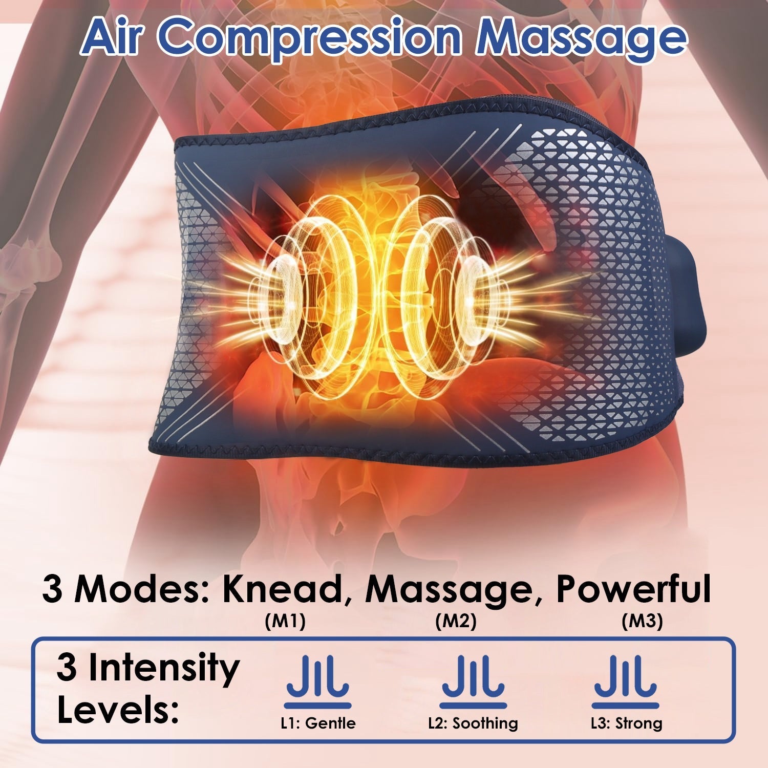 Air compression heating massage pad with glowing heat center; dark blue crisscross panel