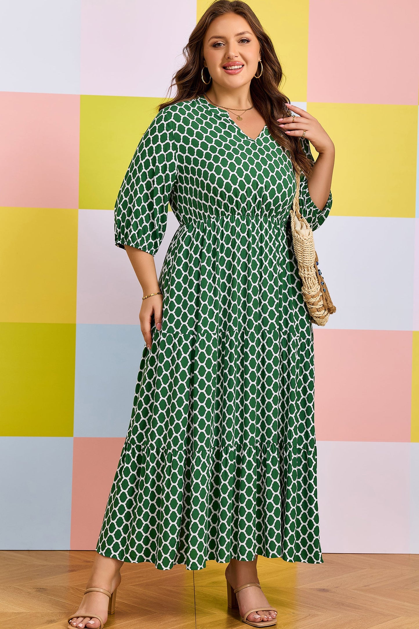 Green geometric-print PLUS casual dress with tiered ruffle hem and V-neck