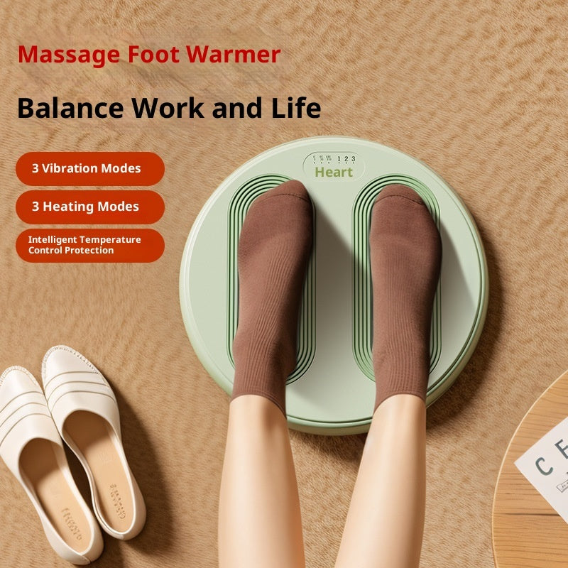 Round light green foot massager with dual heating channels, shown with brown socks