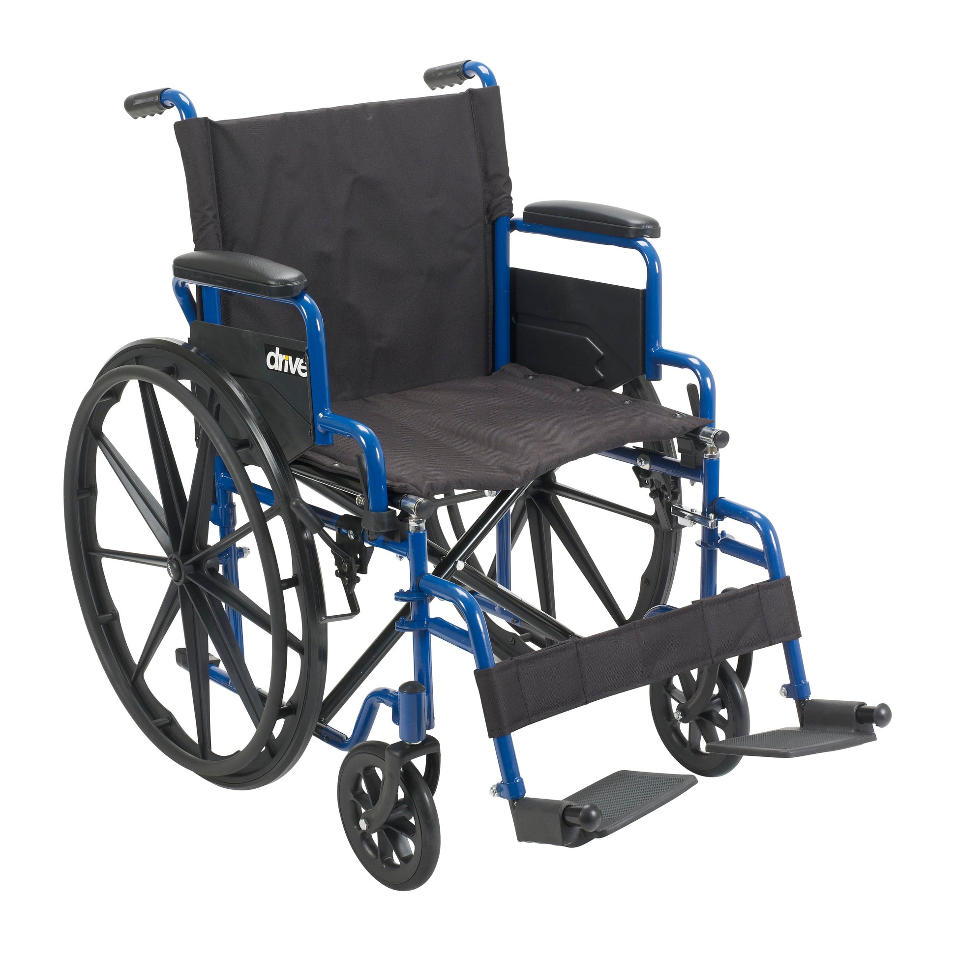Blue wheelchair with padded back and seat, flip-back desk arms, swing-away footrests