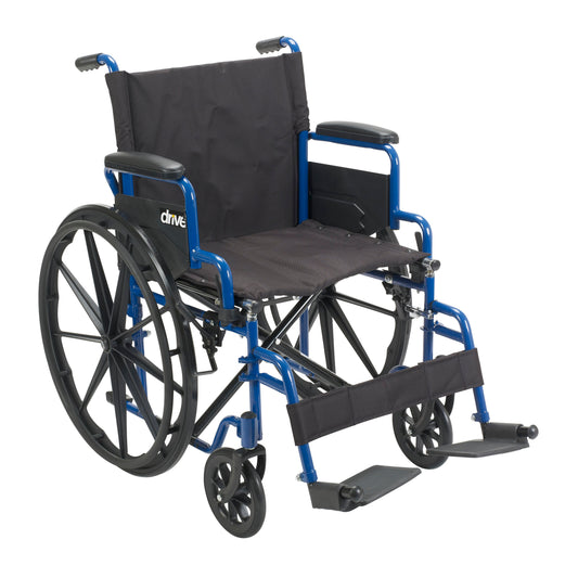 Blue wheelchair with black padded seat and back, flip-back arms, swing-away footrests