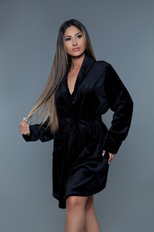 Black Kaylee robe with V-neck, long sleeves, and matching tie belt.