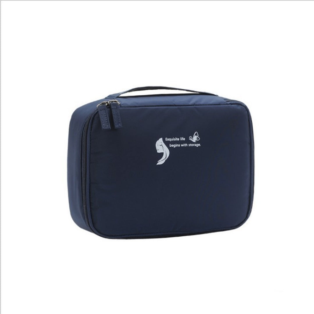 Navy blue square waterproof cosmetic bag with zipper closure and carry handle, logo