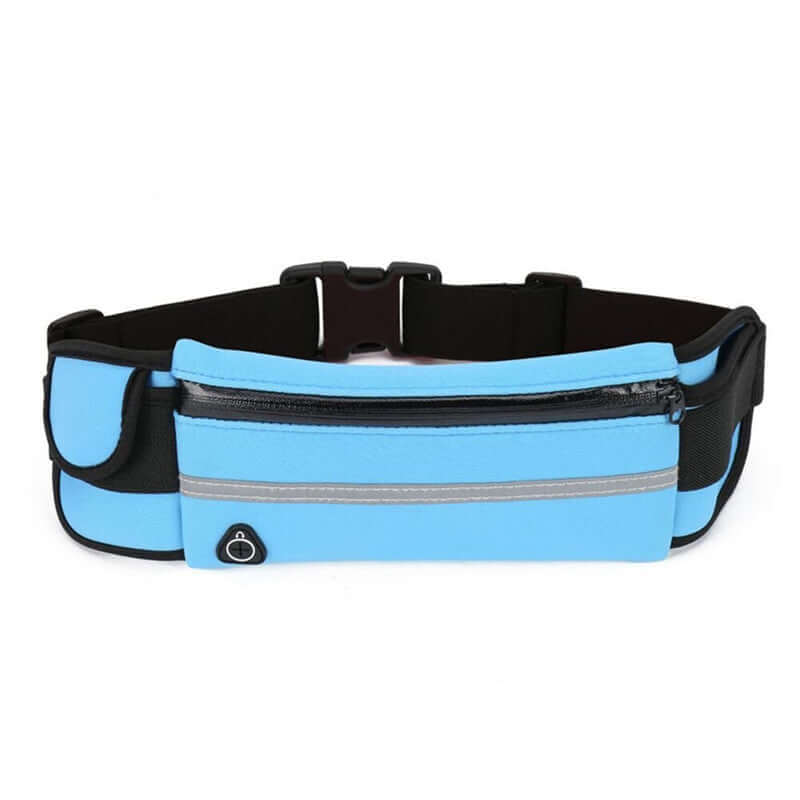 Blue running belt fanny pack with black straps and zippered front pocket