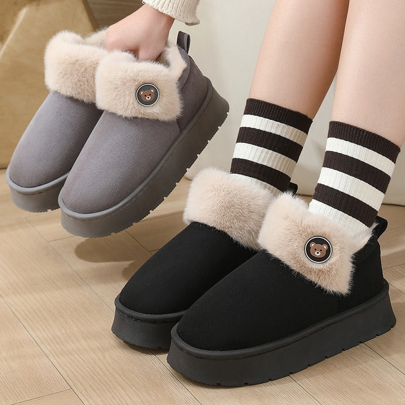 Gray and black ankle wrap cotton slippers with plush cuffs and bear button