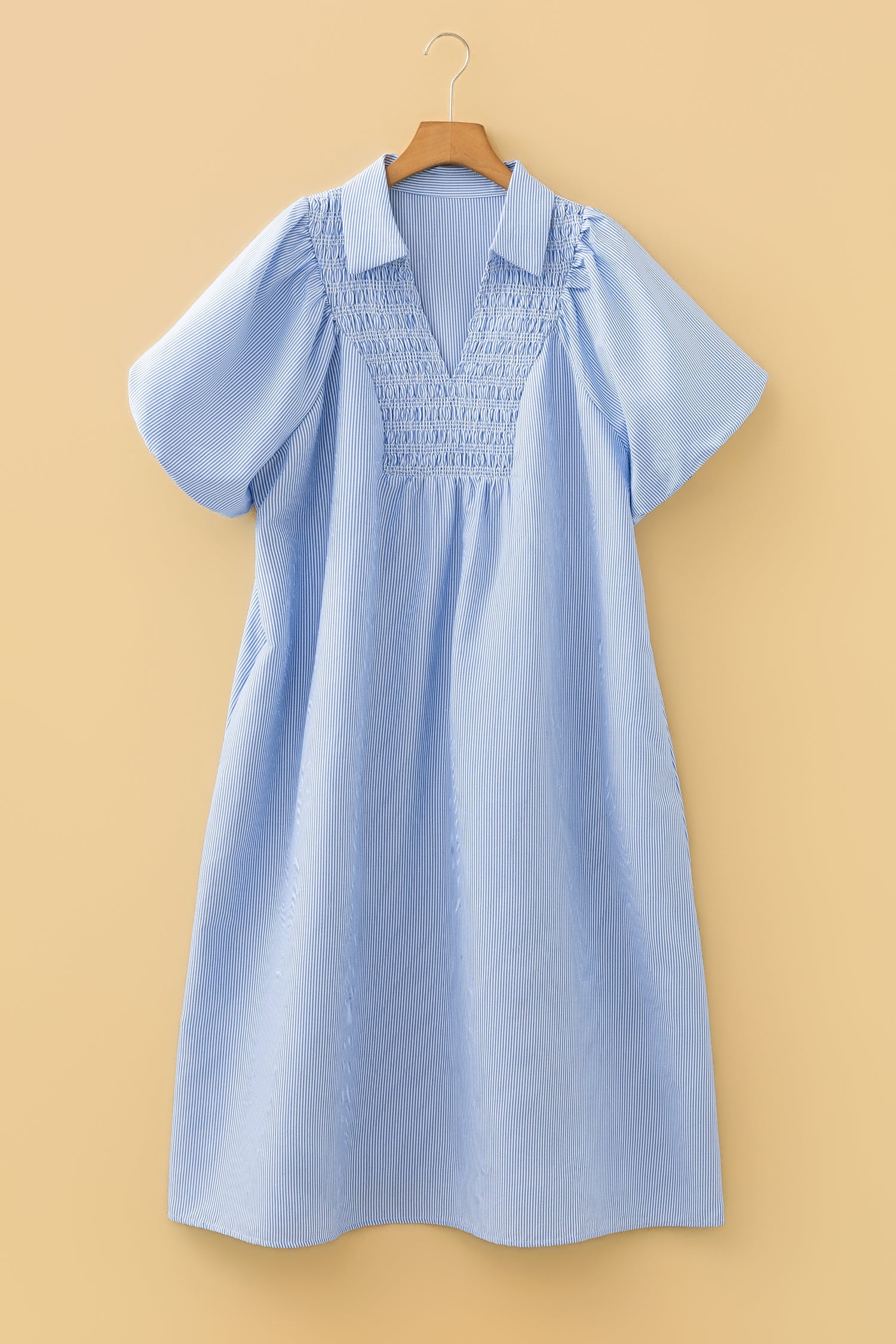 Sky blue striped midi dress with pointed collar, pleated yoke, puff sleeves