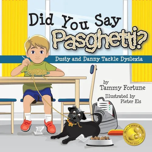 Paperback children's book cover with title, cartoon child and black cat dog illustration.