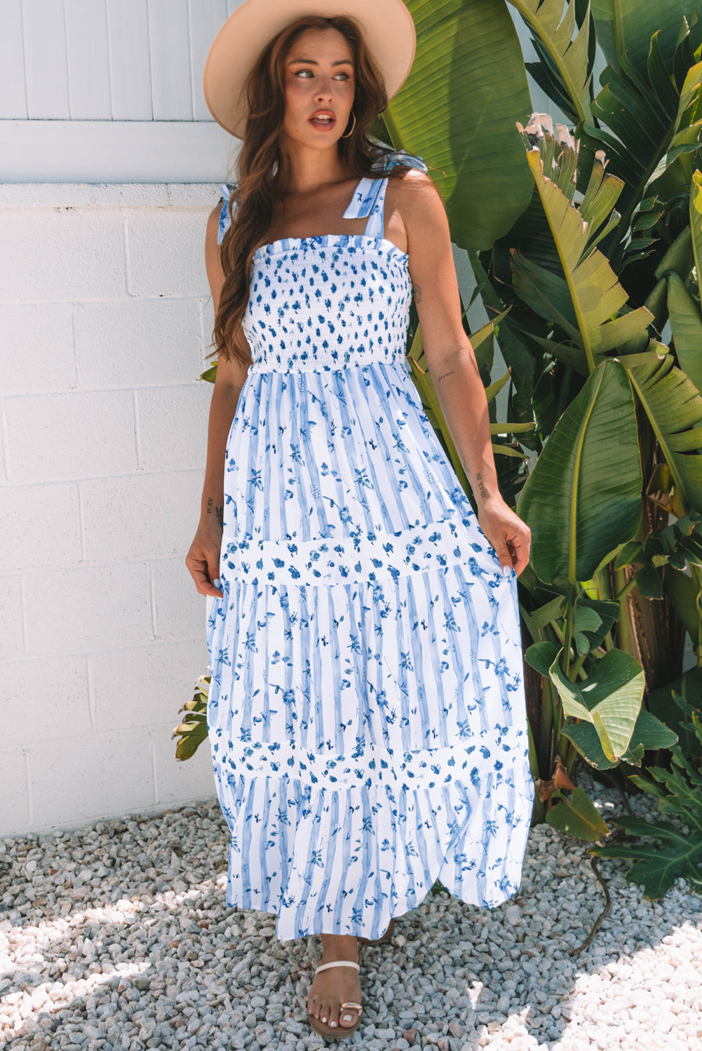 Sky blue floral tiered maxi dress with smocked bodice and tiered skirt