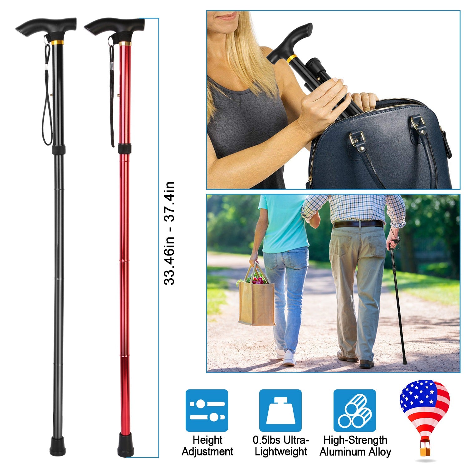 Black folding walking stick with anti-slip tip and wrist strap, shown held in hand