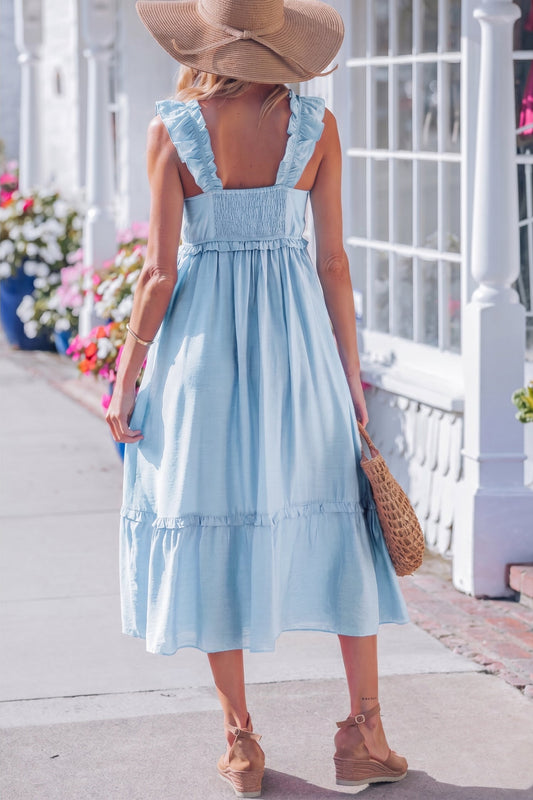 Beau Blue sleeveless tiered maxi dress with smocked back and ruffle shoulder straps