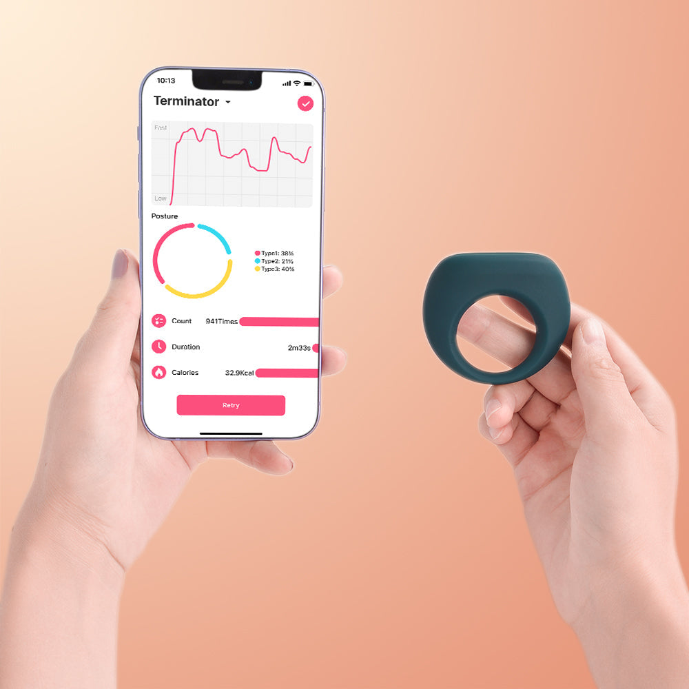 Magic Dante II smart ring, dark teal silicone band held by two hands