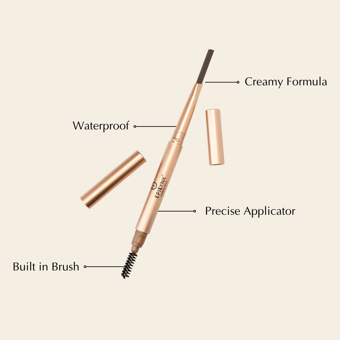 Eyebrow pencil with fine applicator tip and built-in brush wand