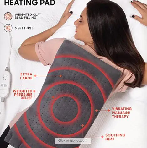 Weighted electric heating pad, textured gray cover with red heat-massage zones