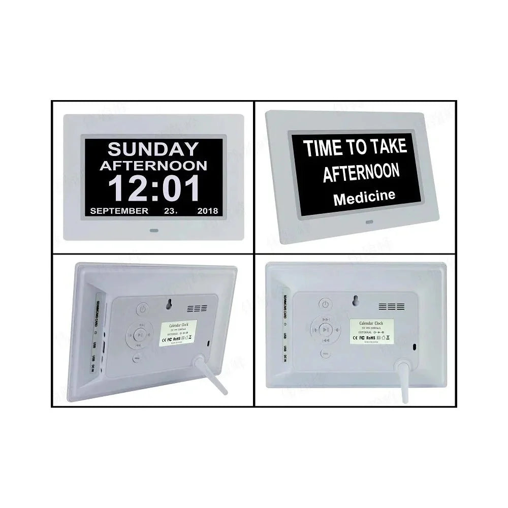 Day clock front and back panel views with controls and status labels