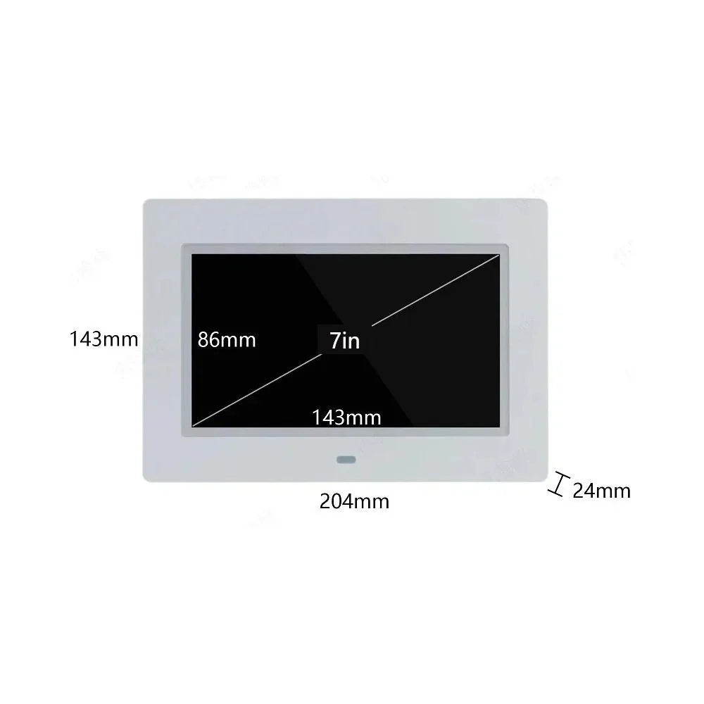 Day clock front view with size markers: 204mm wide, 24mm deep, 143mm height