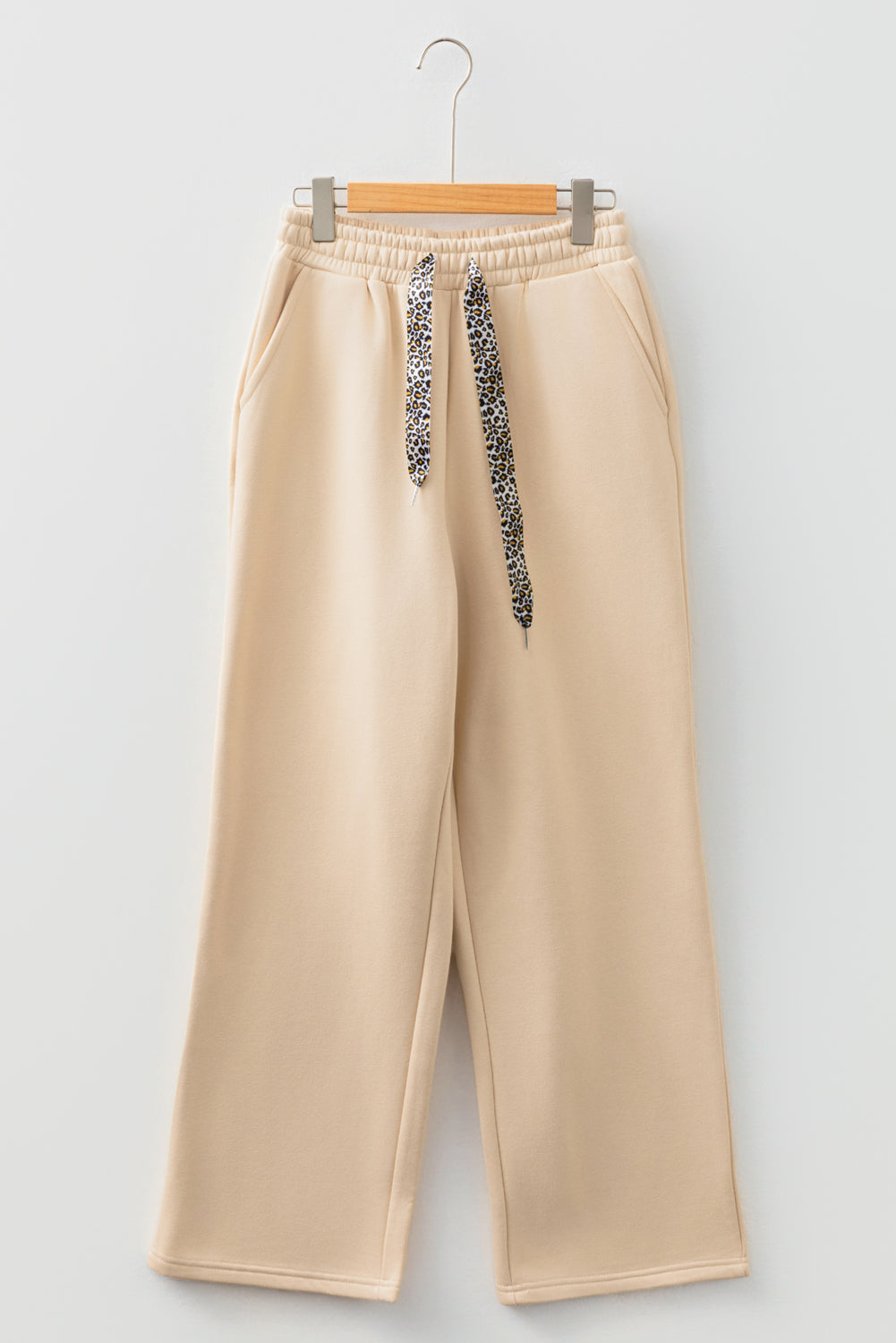 Oatmeal elastic waist solid pants with drawstring, wide leg