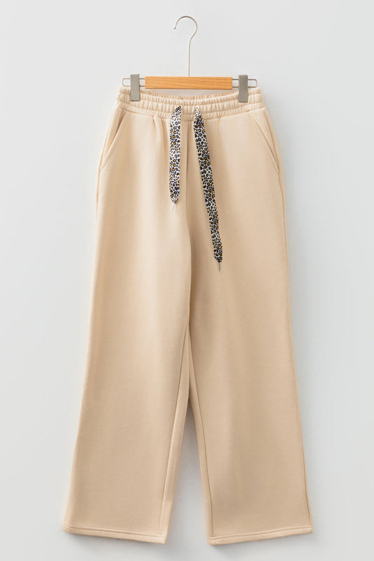Oatmeal elastic waist solid pants with drawstring, wide leg