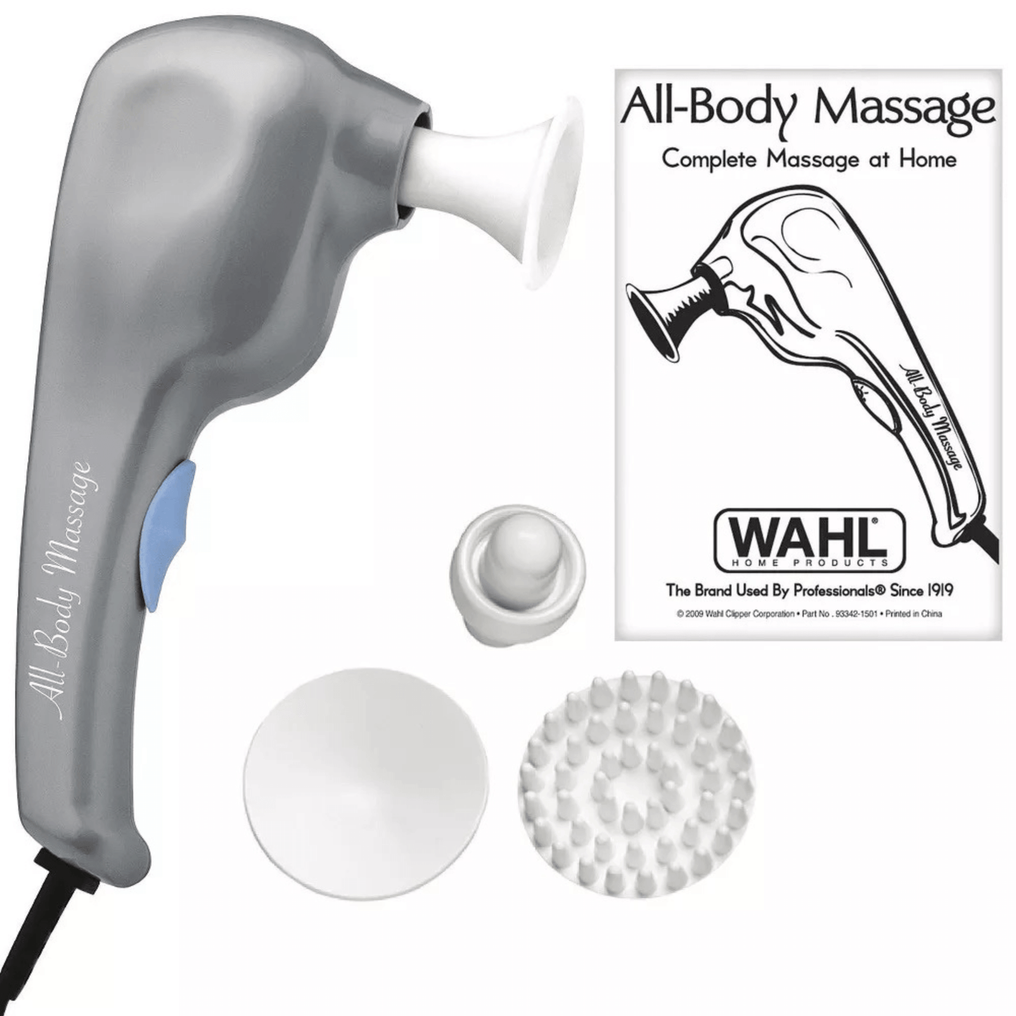 Wahl all-body massager handle with suction cup and prong attachment