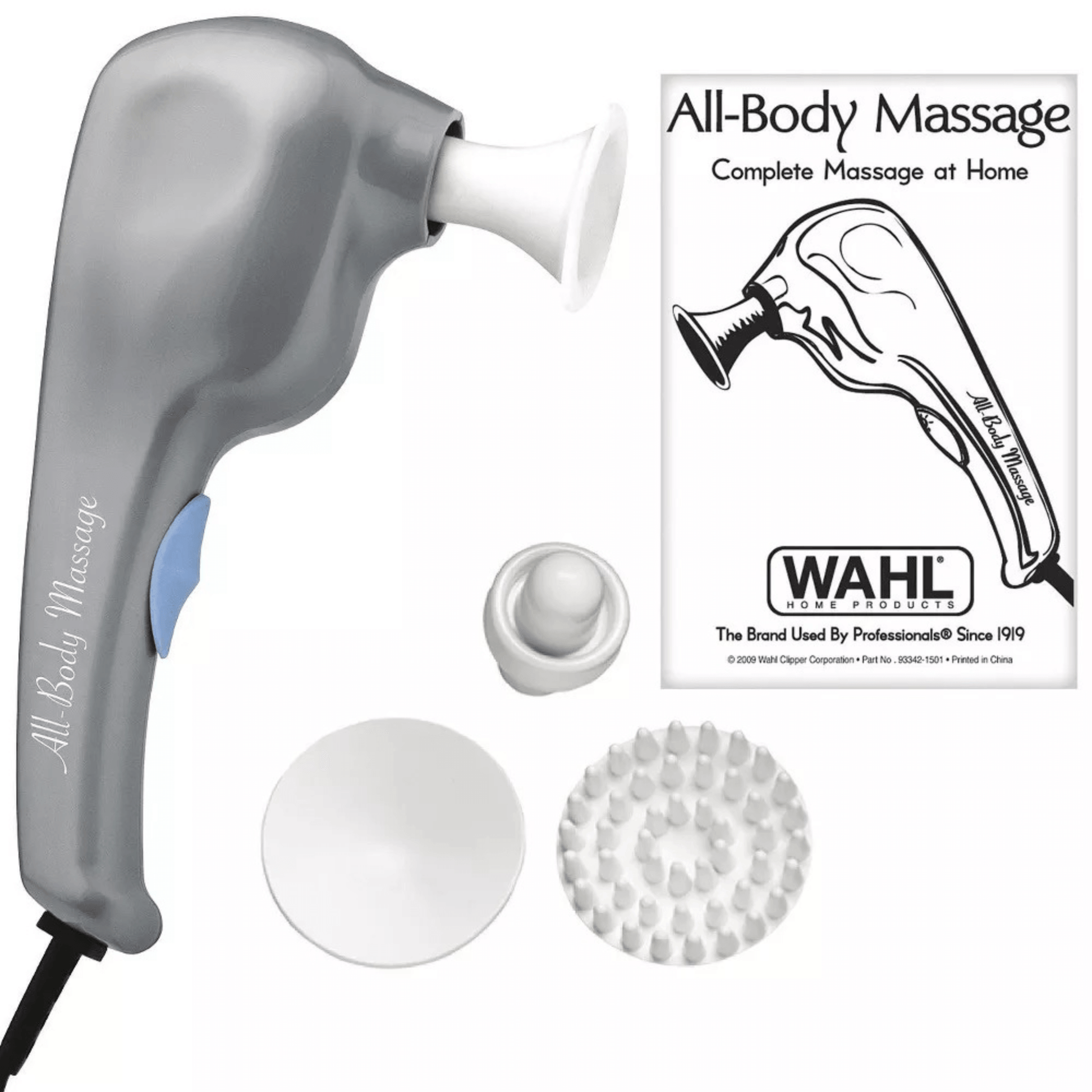 Wahl all-body massager handle with suction cup and prong attachment
