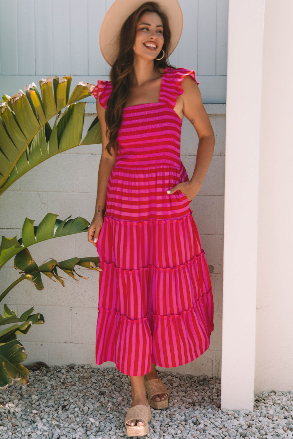 Rose stripe tiered maxi dress with flutter sleeves