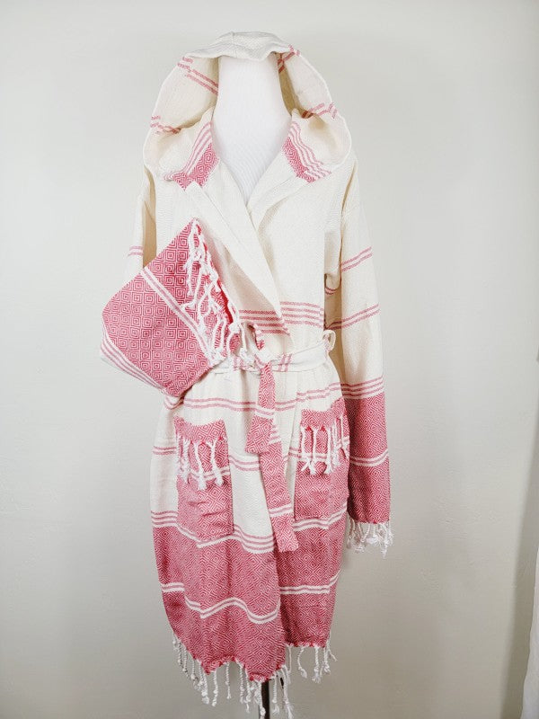 Unisex robe with hood and belt tie, red-and-white striped fabric, side pockets