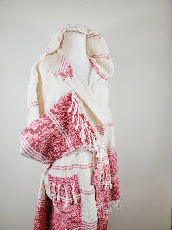 Unisex hooded robe, lifted pocket view, pink-red square pocket with tassels