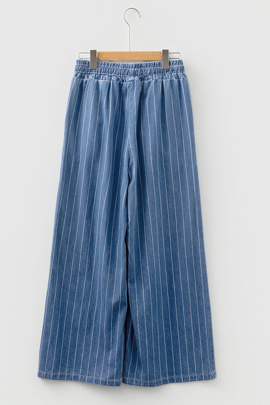 Blue pinstripe denim trousers with elastic waist and tie front, relaxed straight legs