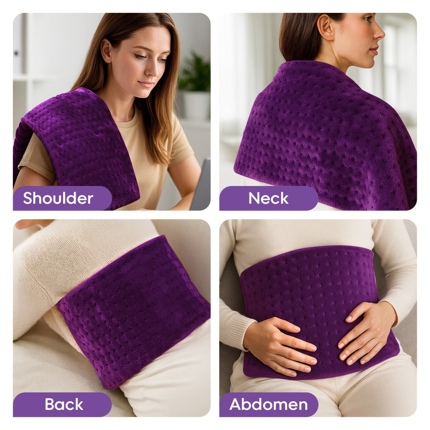 Electric heating pad for multiple areas: shoulder, neck, back, abdomen, purple