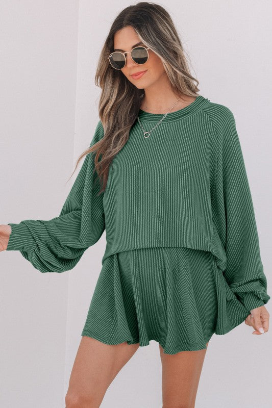 Mist green corded top and ruffle mini skirt set, round neck, flared skirt