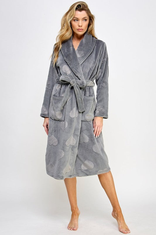 Slate gray heart-print bathrobe with shawl collar, belt tie, and patch pockets