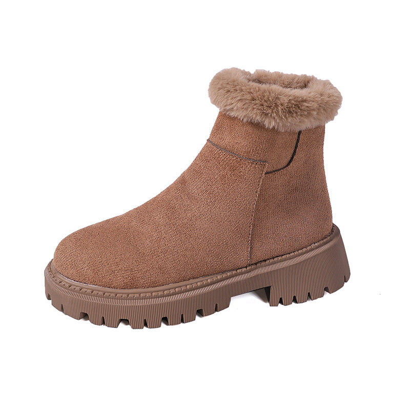 Khaki suede ankle boot with faux-fur cuff and thick lug sole