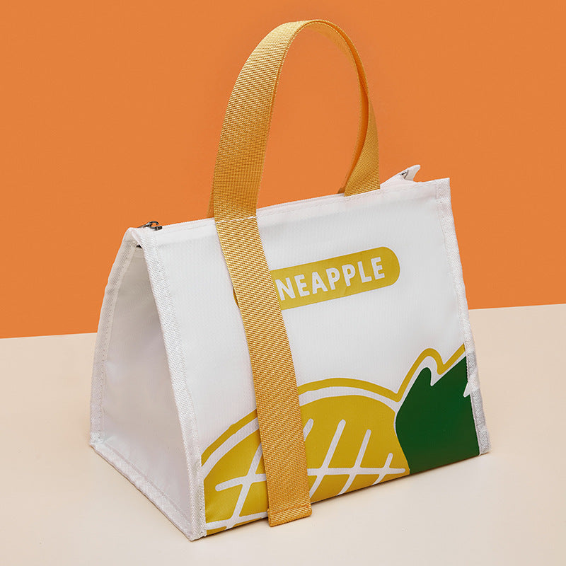 Insulated lunch bag in off-white with “NEAPPLE” text and green mountain graphic