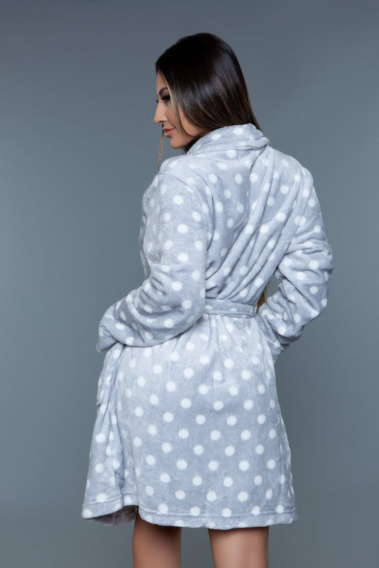 White polka dot plush robe with hood and tie belt, back view