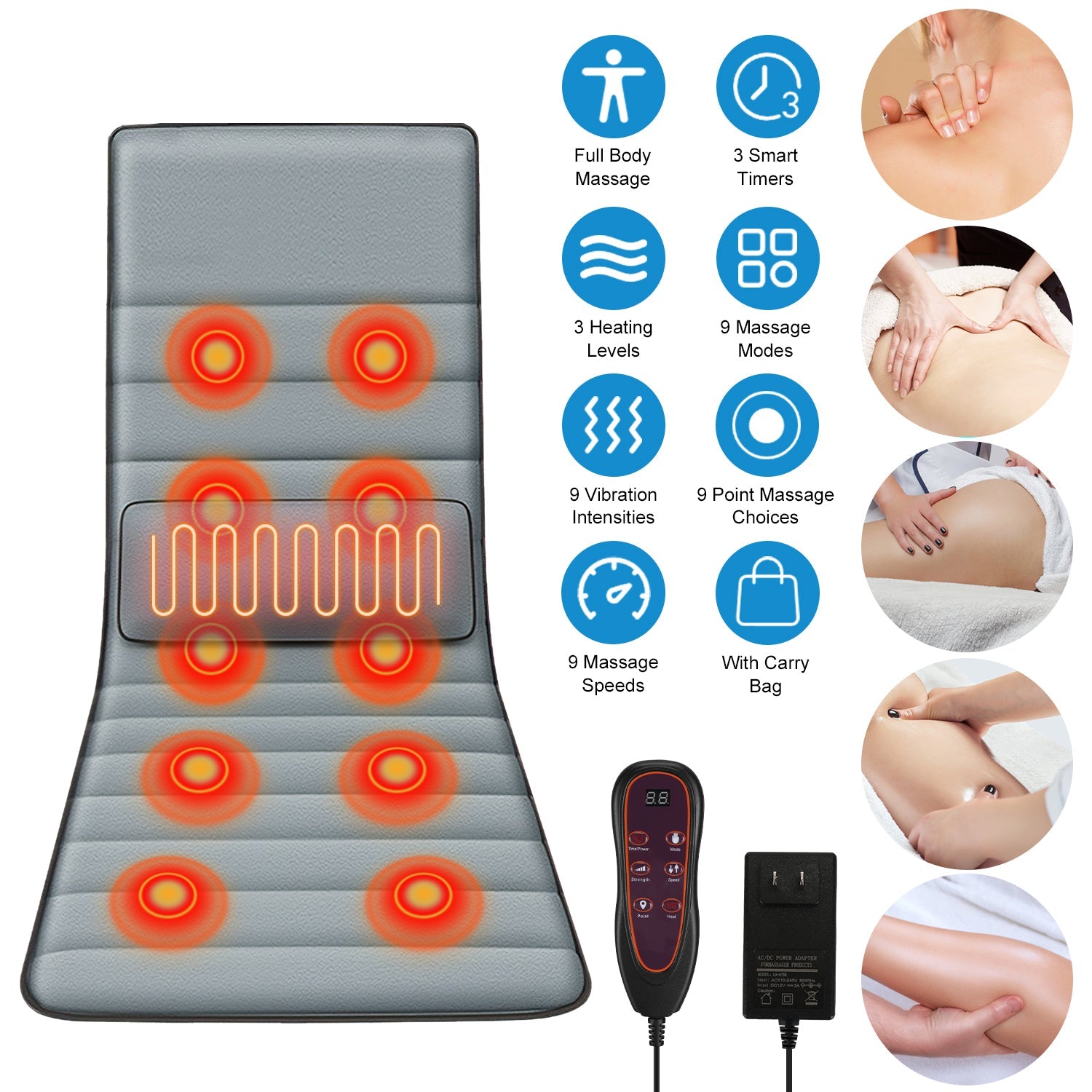 Grey electric massage mat with red heat patterns, handheld remote, and two power adapters.