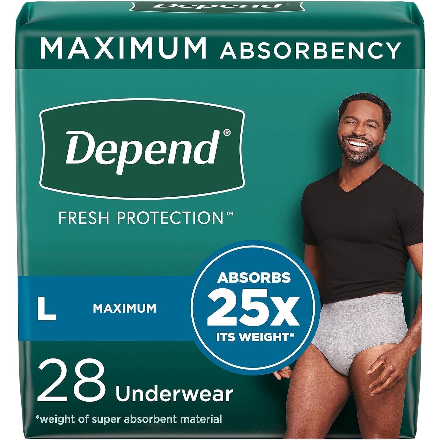 Depend men's protective underwear, L; maximum absorbency, absorbs 25x, 28 count