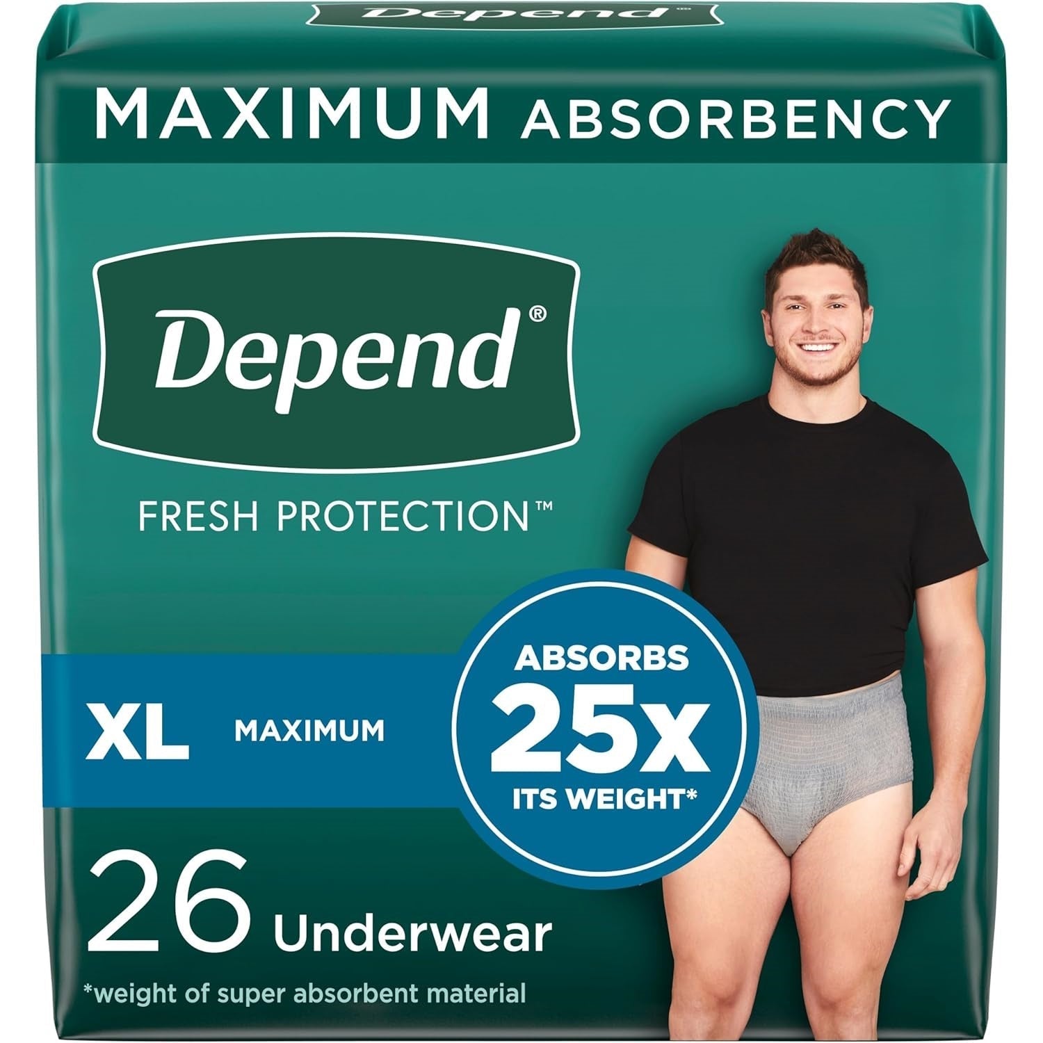 Depend men's protective underwear, XL; maximum absorbency, absorbs 25x, 26 count