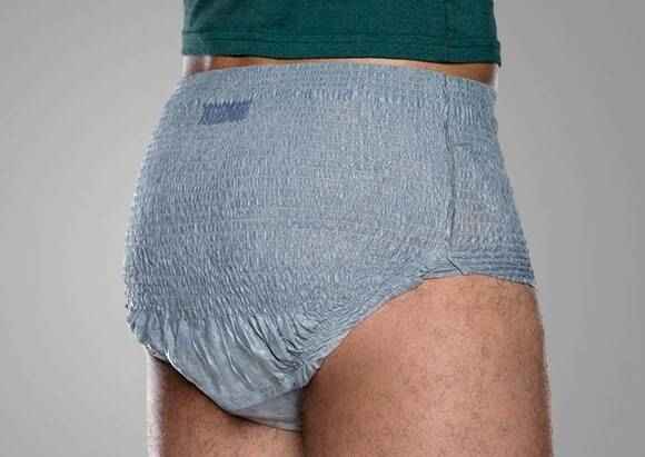 Light blue-gray protective brief underwear, close-up of waistband and leg openings