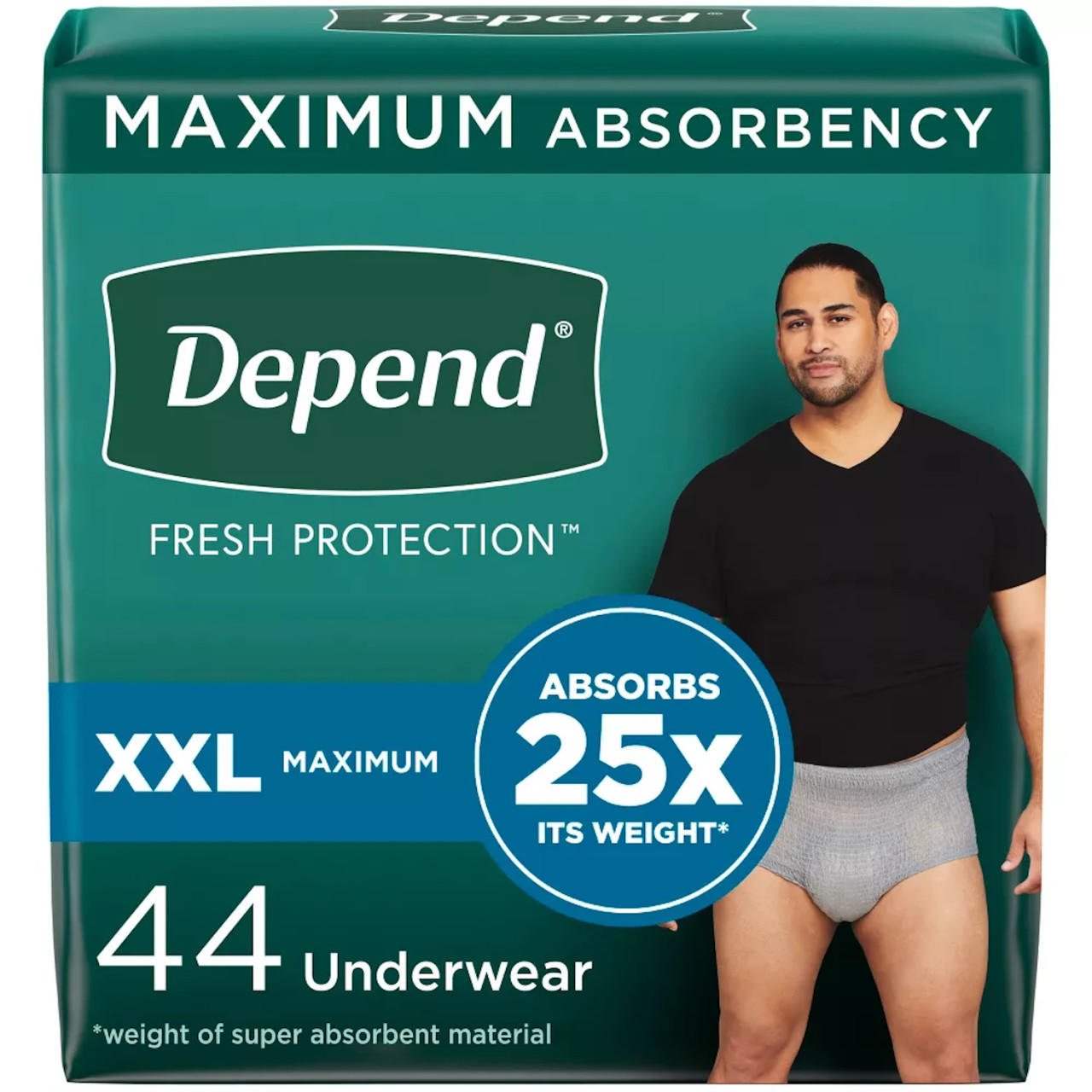 Depend men's protective underwear, XXL; maximum absorbency, absorbs 25x, 44 count