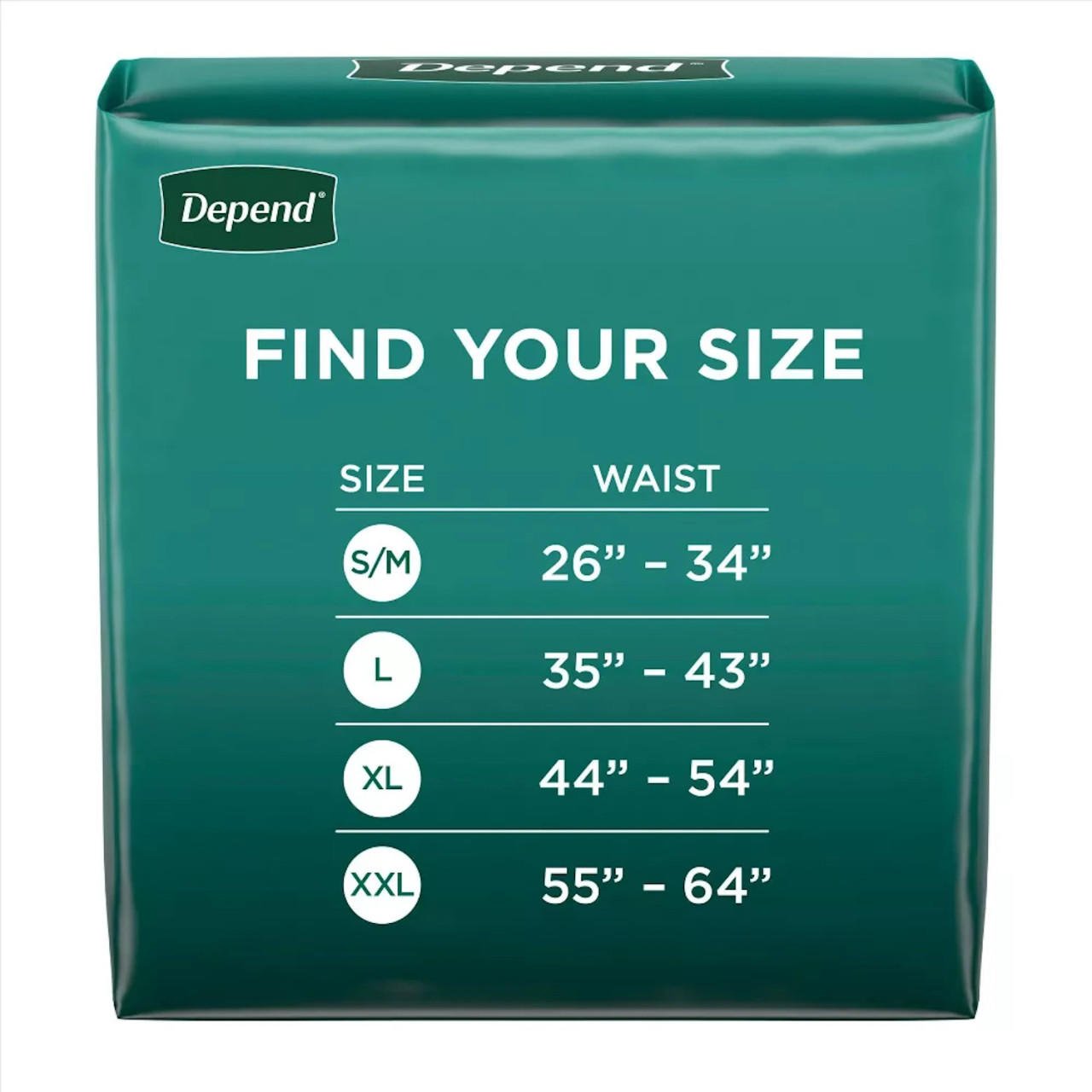 Men's protective underwear size chart: S/M 26–34, L 35–43, XL 44–54, XXL 55–64