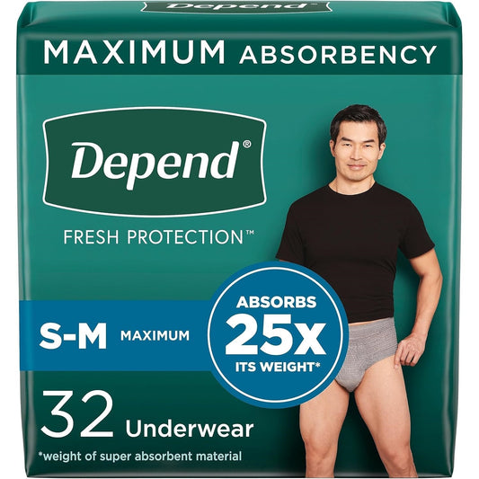 Depend men's protective underwear, S/M; maximum absorbency, absorbs 25x, 32 count
