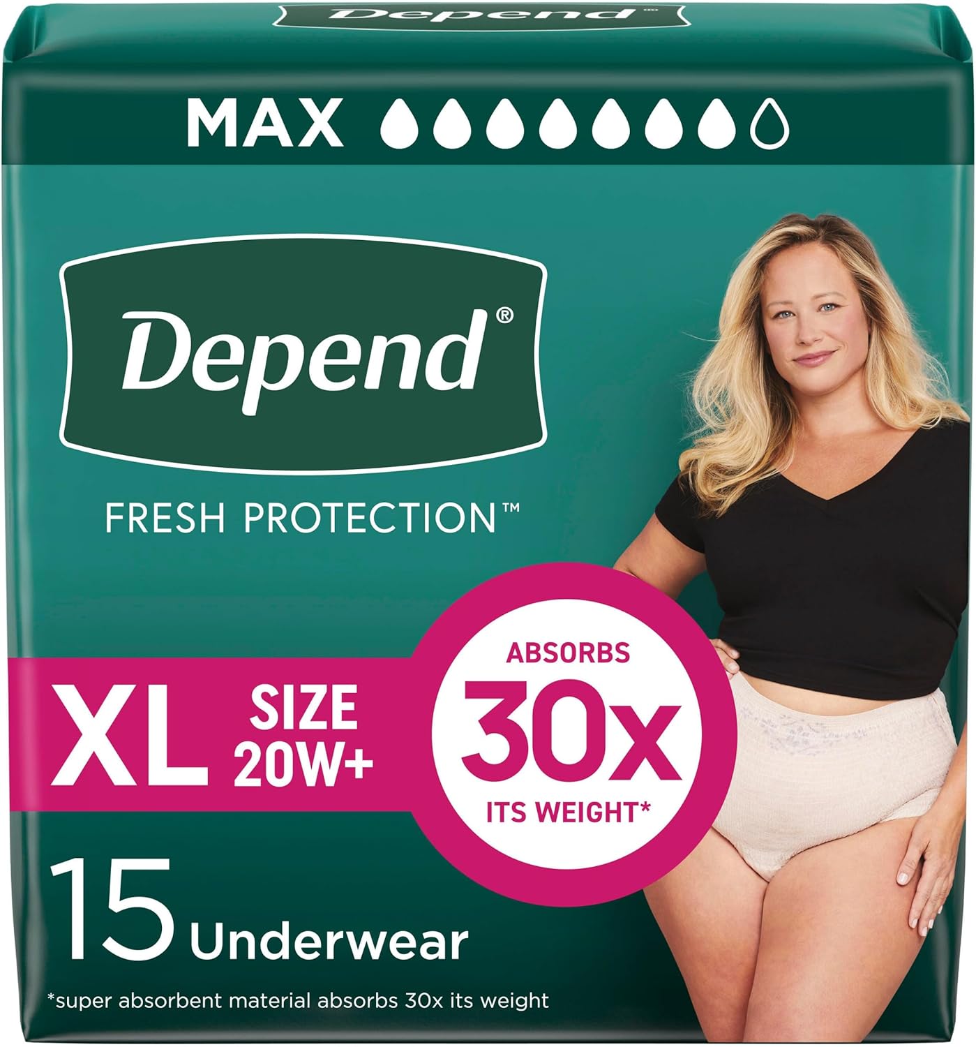 Maximum women’s protective underwear, XL size 20W+, 15 count, absorbs 30x weight
