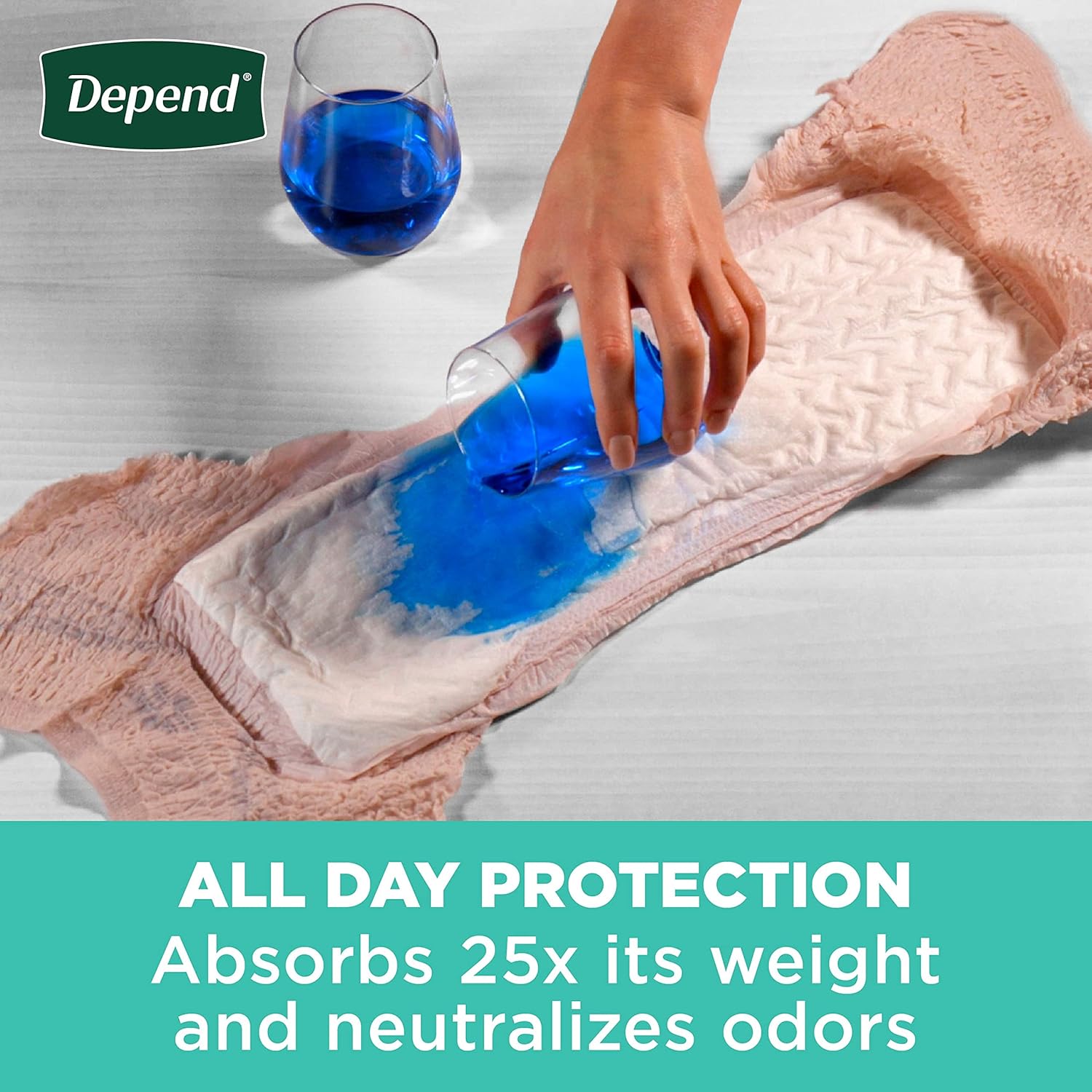 Disposable protective underwear with blue liquid absorbed in pad, showing wicking and gel