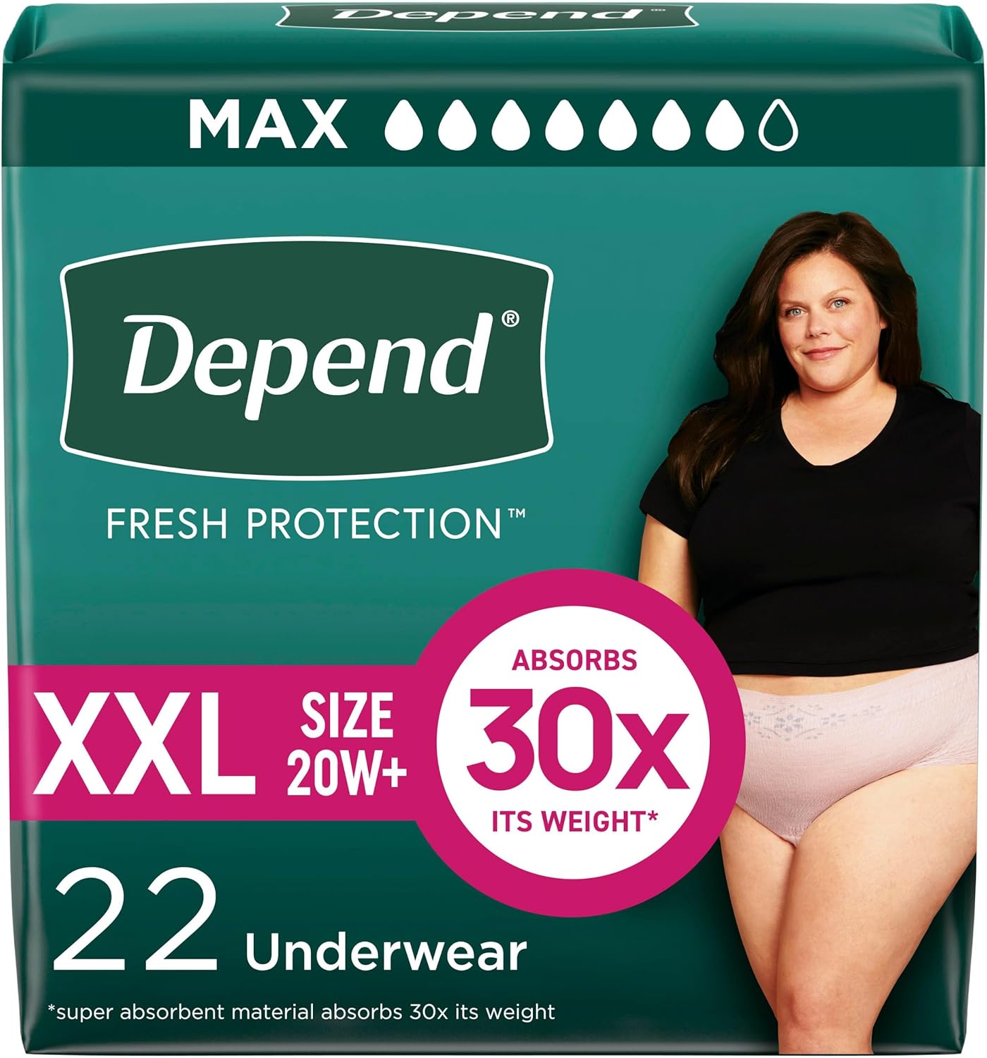 Maximum women’s protective underwear, XXL size 20W+, 22 count, absorbs 30x weight
