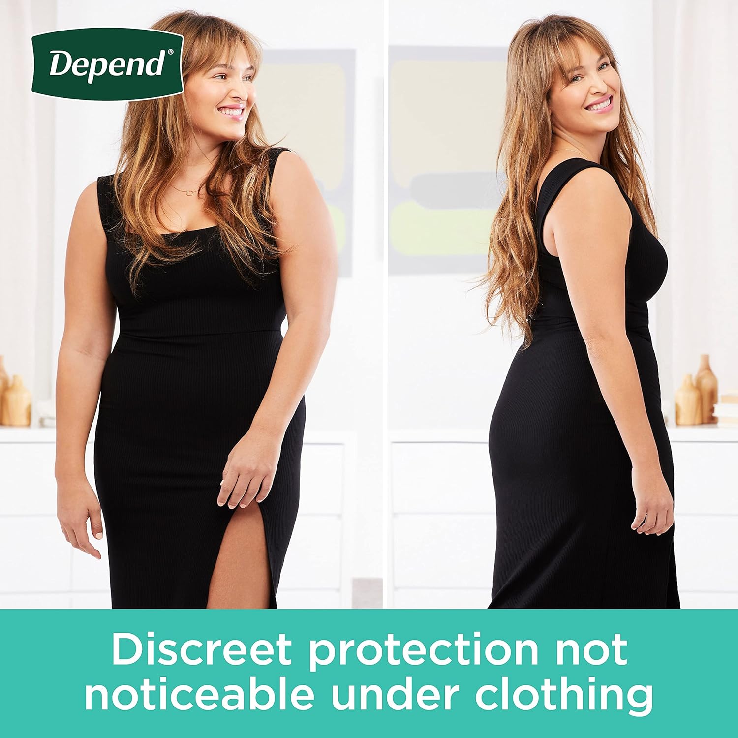 Women wearing black dress with light beige disposable protective underwear underneath